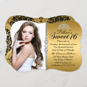 Invitación Dorado y princesa negra Tiara Sweet 16 cumpleaños