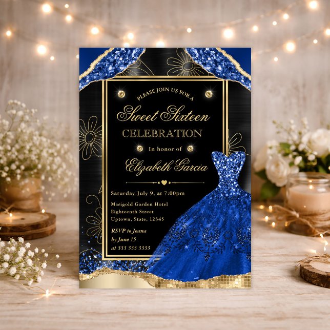 Invitación Dorado y Purpurina azul real vestido dulce diecisé (Subido por el creador)