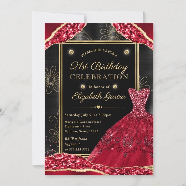 Invitación Dorado y Purpurina Rojo vestido 21 cumpleaños (Anverso)