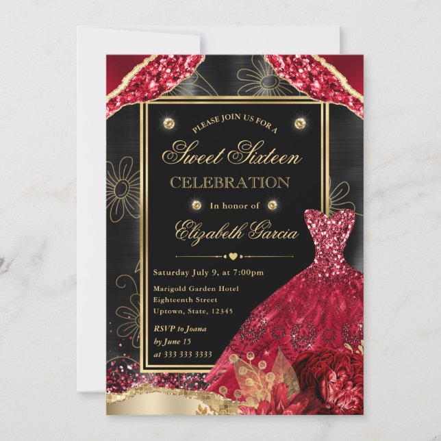 Invitación Dorado y Purpurina rojo vestido dulce dieciséis (Anverso)