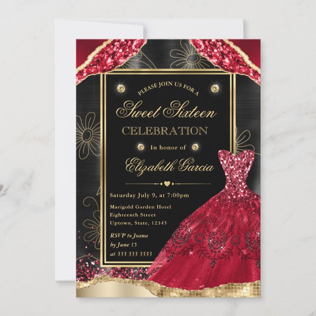Invitación Dorado y Purpurina rojo vestido dulce dieciséis (Anverso)