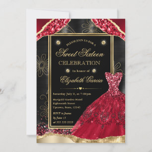 Invitación Dorado y Purpurina rojo vestido dulce dieciséis