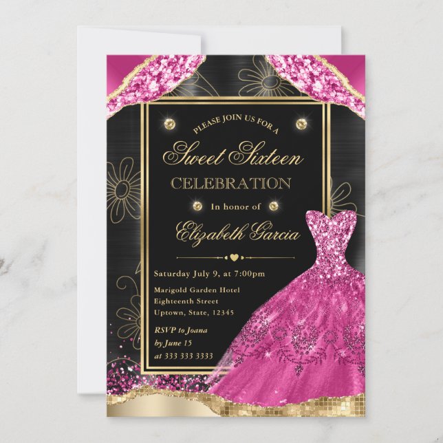 Invitación Dorado y Purpurina rosa vestido dulce dieciséis (Anverso)