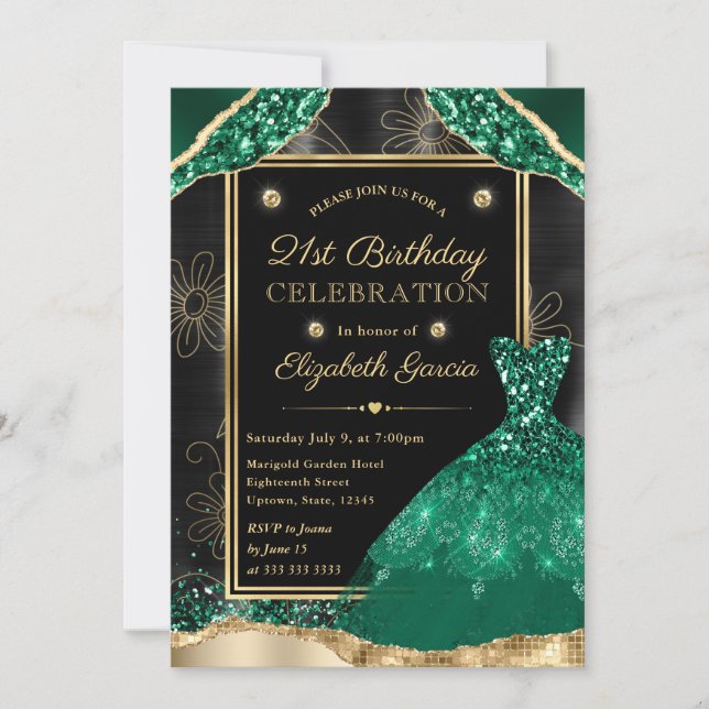 Invitación Dorado y Purpurina verde vestido 21 cumpleaños (Anverso)