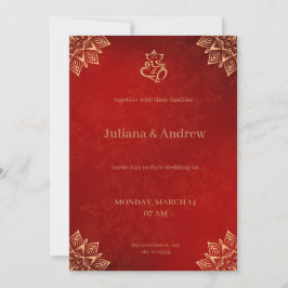 Invitación Dorado y Rojo Patrón Floral Tradicional Clásico