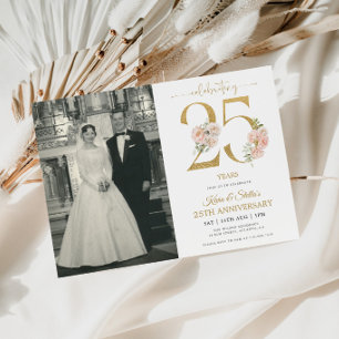Invitación Dorado y Rosa Floral 25 Aniversario