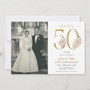 Invitación Dorado y Rosa Floral 50 Aniversario