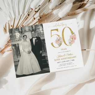 Invitación Dorado y Rosa Floral 50 Aniversario