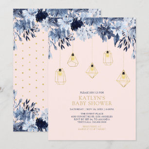 Invitación Dorado y Rosa   Luces Baby Shower Boho chic