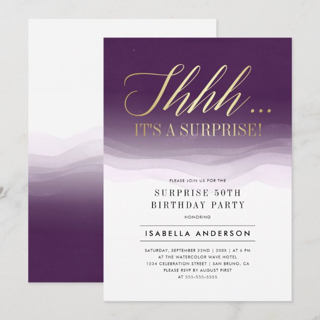 Invitación Dorado y Royal Purple Watercolor Surprise Cumpleañ (Anverso / Reverso)
