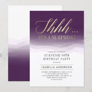 Invitación Dorado y Royal Purple Watercolor Surprise Cumpleañ
