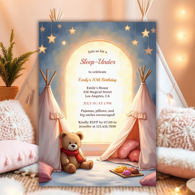 Invitación Dormir Bajo El Acogedor Fiesta Pajama Para Chicas  (Sleep-Under Birthday Invitation – Cozy Pajama Party Invite for Girls Watercolor Birthday Invite)