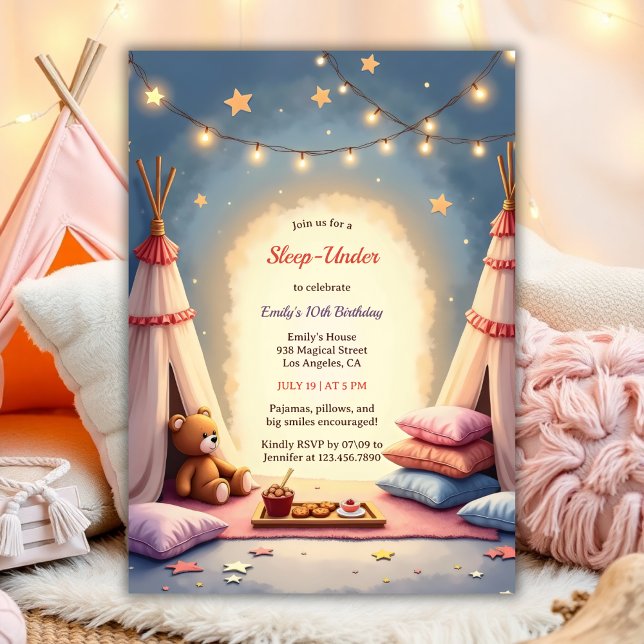 Invitación Dormir Bajo Un Agradable Y Acogedor Fiesta Interio (Sleep Under Cute Birthday For Girls Cozy Indoor Party Watercolor Birthday Invitation)