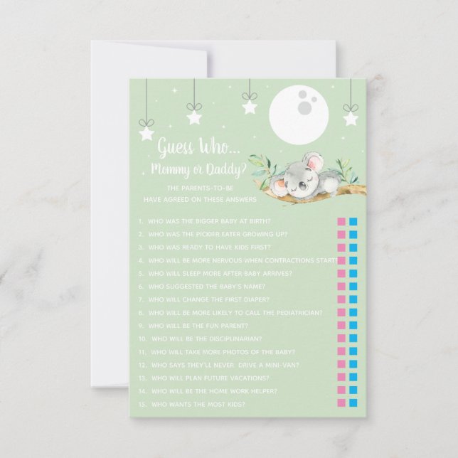 Invitación Dormir el juego de Baby Shower de Koala ¿Adivinan  (Anverso)