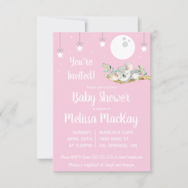 Invitación Dormir Koala Baby Shower Pink (Anverso)