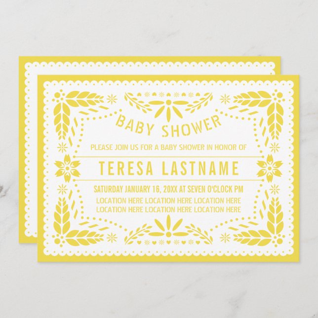 Invitación Dormitorio amarillo, blanco, papel picado, ducha d (Anverso / Reverso)