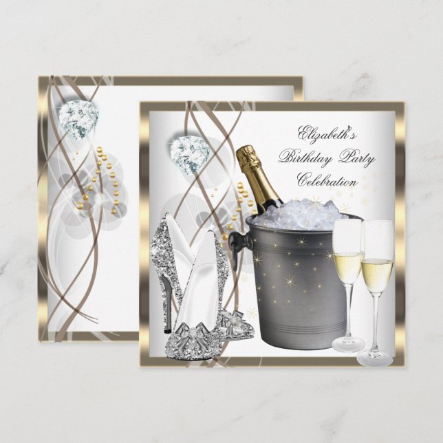 Invitación Dorsal elegante plateado de champagne de oro (Anverso / Reverso)