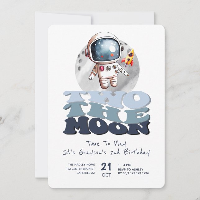 Invitación Dos a la Luna 2do Cumpleaños Astronauta (Anverso)