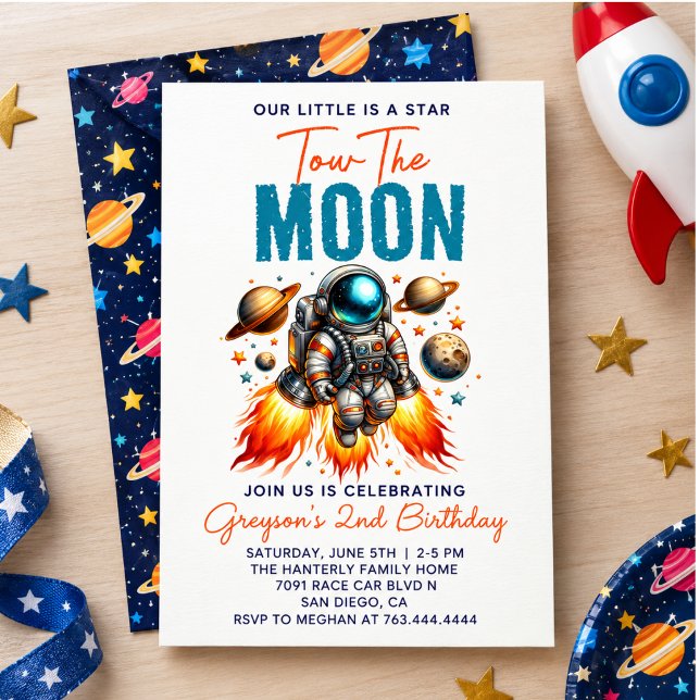 Invitación Dos a la Luna 2do Cumpleaños Espacio (Two the Moon 2nd Birthday Space Invitation)