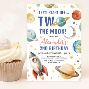 Invitación ¡Dos a la Luna! Cumpleaños 2 Boy Galaxy Espacio