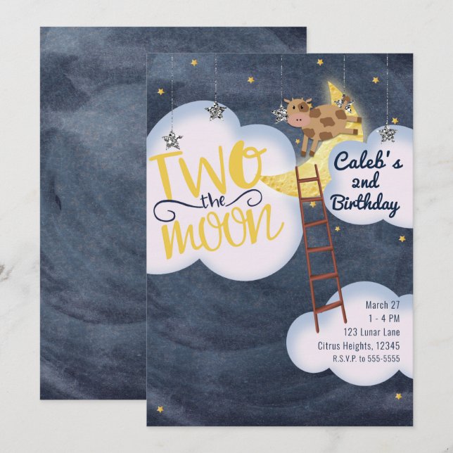 Invitación DOS A LA LUNA Cumpleaños 2 Rima de Guardería (Anverso / Reverso)