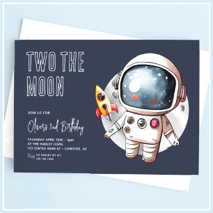 Invitación Dos a la Luna Cumpleaños Azul Moderno 2