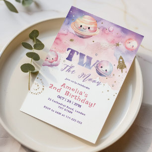 Invitación Dos a la Luna Espacio exterior niña rosa Cumpleaño