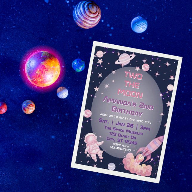Invitación Dos a la Luna, Espacio Rosa Púrpura 2do Cumpleaños (Subido por el creador)