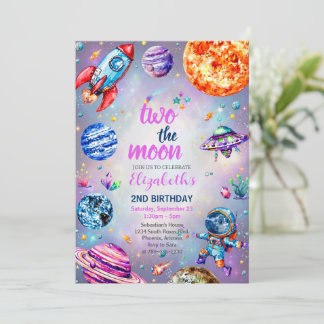 Invitación Dos a la Luna Fiesta de Cumpleaños Espacio Azul 2d