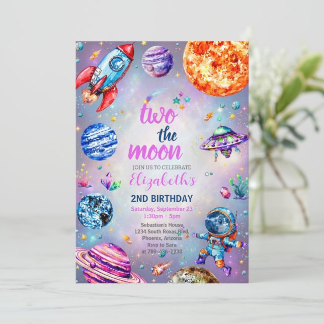 Invitación Dos a la Luna Fiesta de Cumpleaños Espacio Azul 2d (Anverso de pie)