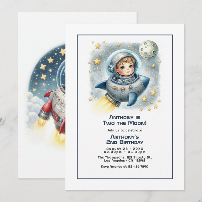 Invitación “Dos a la Luna” Fiesta de Cumpleaños Infantil Cohe (Anverso / Reverso)