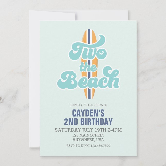 Invitación Dos a la Playa Tabla de Surf Cumpleaños 2 (Anverso)