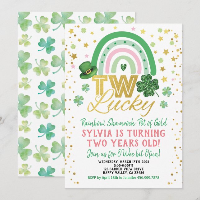 Invitación Dos afortunados Chicas el segundo cumpleaños del D (Anverso / Reverso)