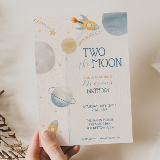 Invitación Dos al Chico de la Luna Cohete Espacial 2do Cumple