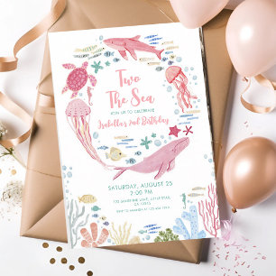 Invitación Dos al cumpleaños de ballena rosa del mar 2do
