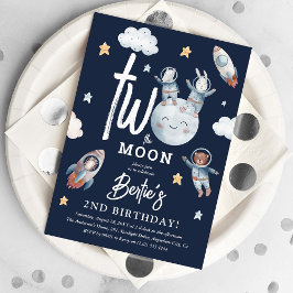Invitación Dos al Cumpleaños Lunar Animales Espaciales Lindos