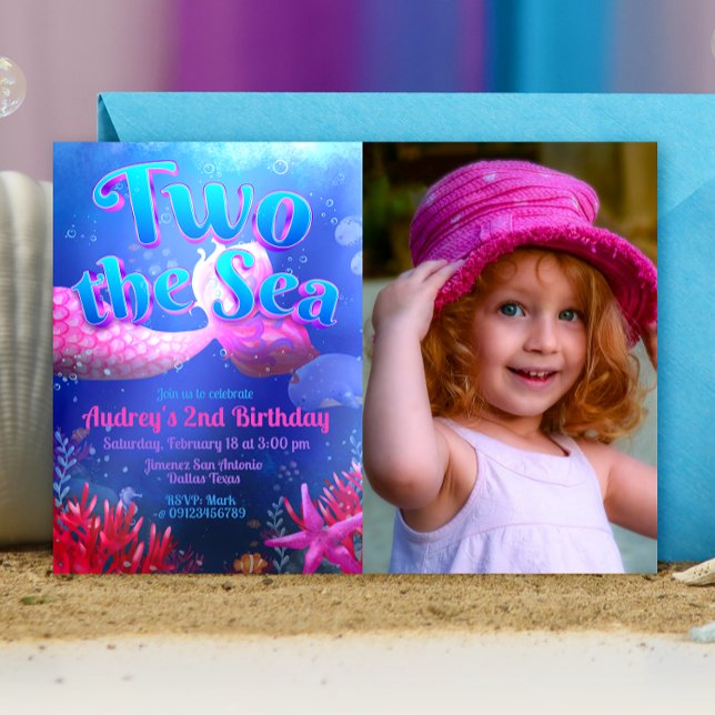 Invitación Dos al mar con paisaje de foto (Two the Sea - Girl Mermaid 2nd Birthday Landscape Invitation with Picture)