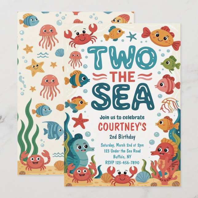 Invitación Dos al Mar Cumpleaños Bajo el Mar 2do (Anverso / Reverso)