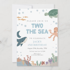 Invitación Dos al Mar Cumpleaños Cute Acuarela Azul Niño 2 