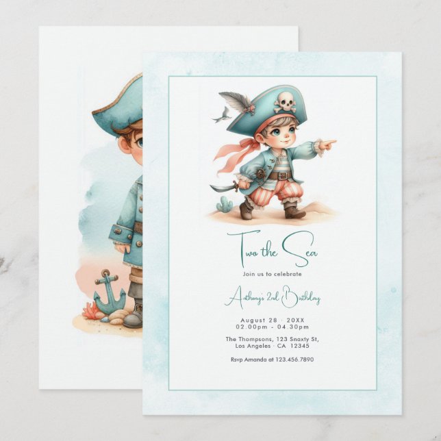 Invitación “Dos al Mar” Pirata Cumpleaños 2 Años Fiesta de Ni (Anverso / Reverso)
