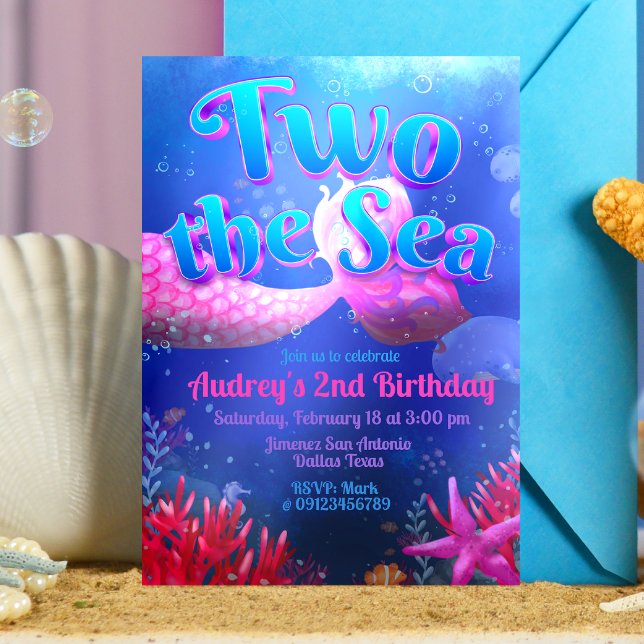 Invitación Dos al Mar - Sirena (Two the Sea - Girl Mermaid 2nd Birthday Invitation )