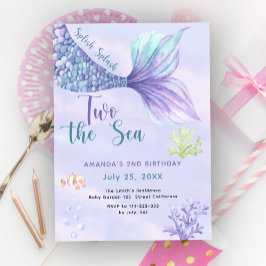 Invitación Dos al Mar Sirena Rosa Púrpura 2 Cumpleaños