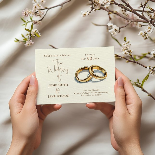 Invitación Dos anillos Boda dorados boda ilustracion (Simple Wedding Invitation features a beautiful illustration of two gold wedding rings.)