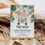 Invitación Dos animales de la selva de Safari WILD Segundo cu<br><div class="desc">Invitación de cumpleaños con temática de Safari con vegetación tropical verde y acuarela dorada y un grupo de lindos animales de la selva</div>