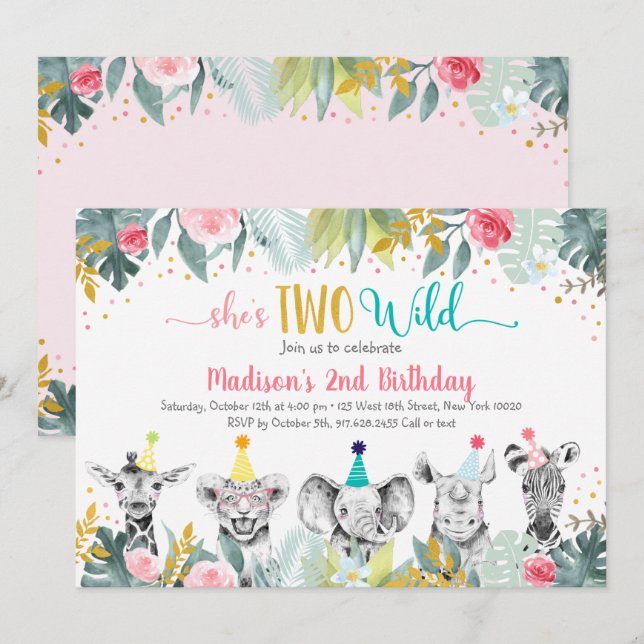 Invitación Dos animales Fiestas de oro rosado salvajes Cumple (Anverso / Reverso)