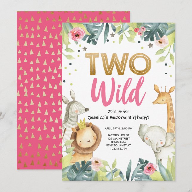 Invitación Dos animales salvajes de Chica de oro Safari (Anverso / Reverso)