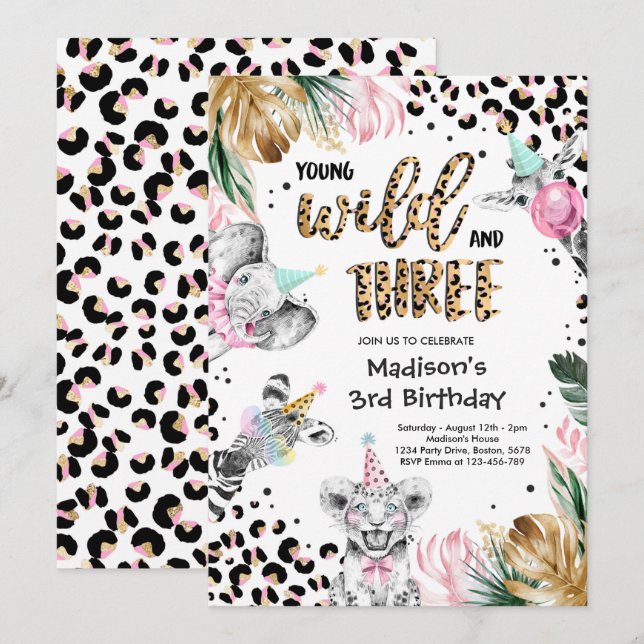 Invitación Dos Animales Salvajes De Leopardo Imprimen Safari  (Anverso / Reverso)