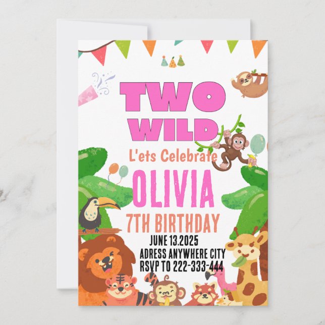 Invitación Dos animales salvajes de Safari Chica segundo cump (Anverso)