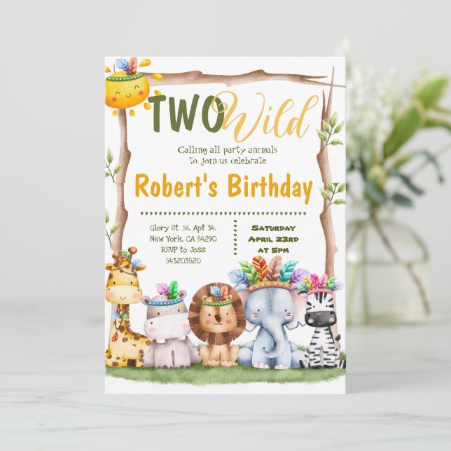 Invitación Dos animales salvajes de Safari Cumpleaños Tribal (Anverso de pie)