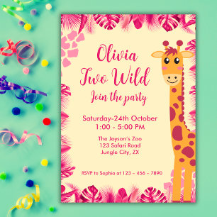 Invitación Dos Animales Salvajes de Safari Niña Jirafa Rosa